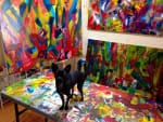 Ginger in the art studio of Los Angeles abstract painter Nestor Toro