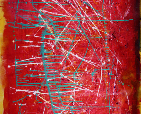 Bright sunny yellow and very vibrant carmine with delicate teal and white drips. Recently I retouch all the colors with gloss enamel to make them even more vibrant. I love that this piece is full of bold paint splatters, ink drips and brush details. The focus was texture, color and a composition with energy and movement. High grade Golden acrylics and Windsor and newton inks over triple primed lose canvas.