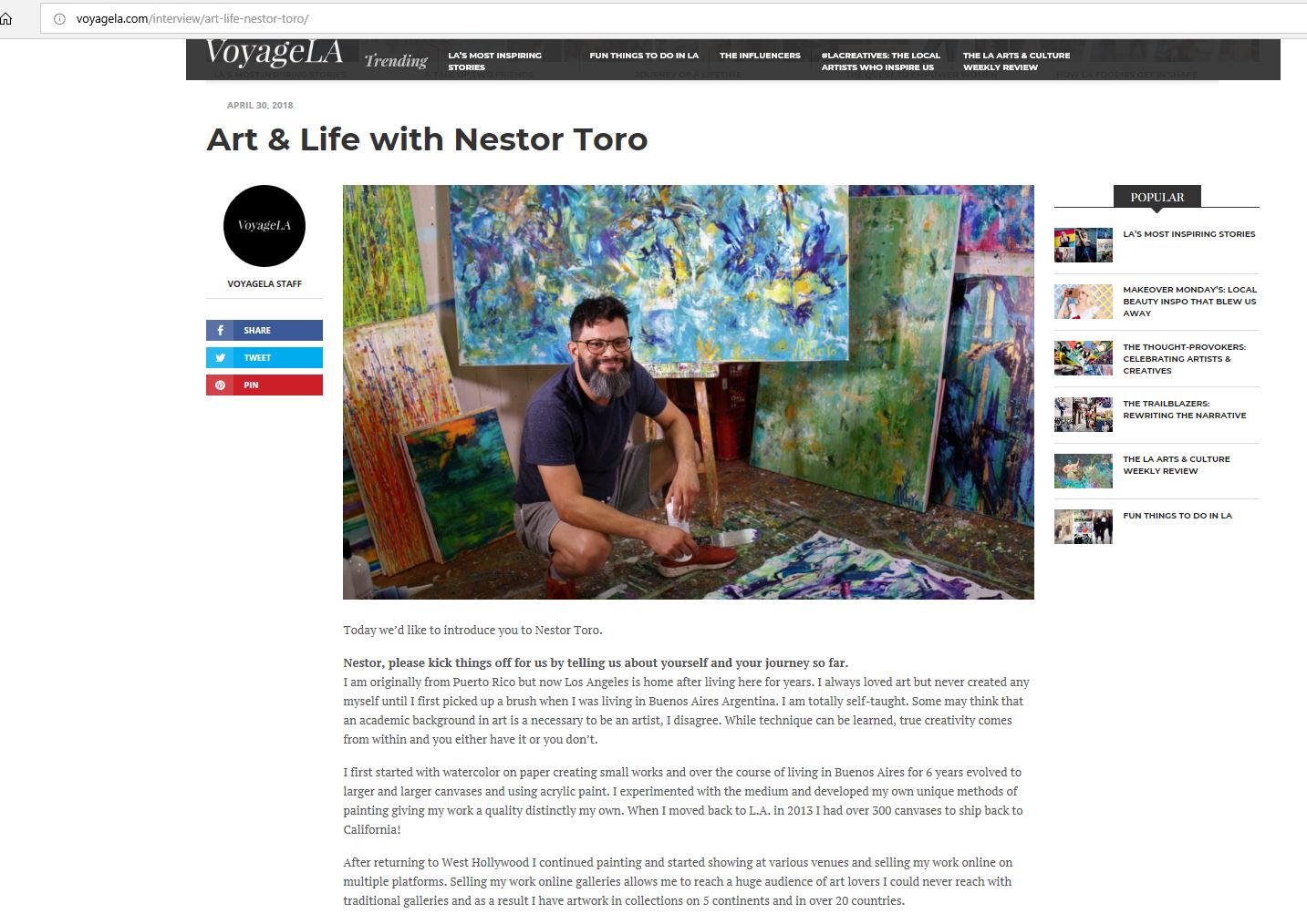 Read my interview on the fantastic online magazine. The interview was published April 30, 2018 - Nestor Toro - Los Angeles