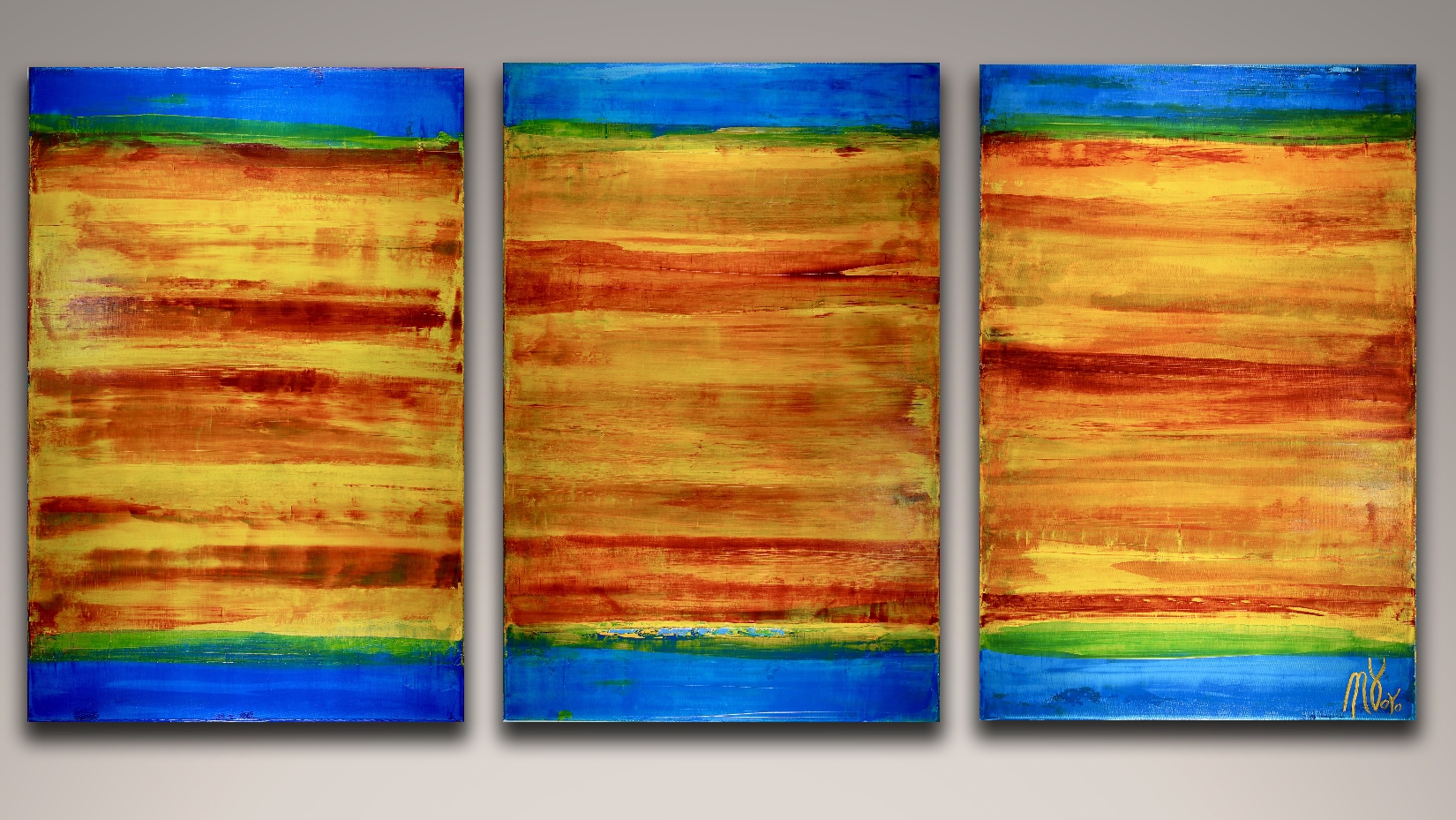 Fragmented Vibrant Sunset (2018) Triptych - Acrylic painting by Nestor Toro