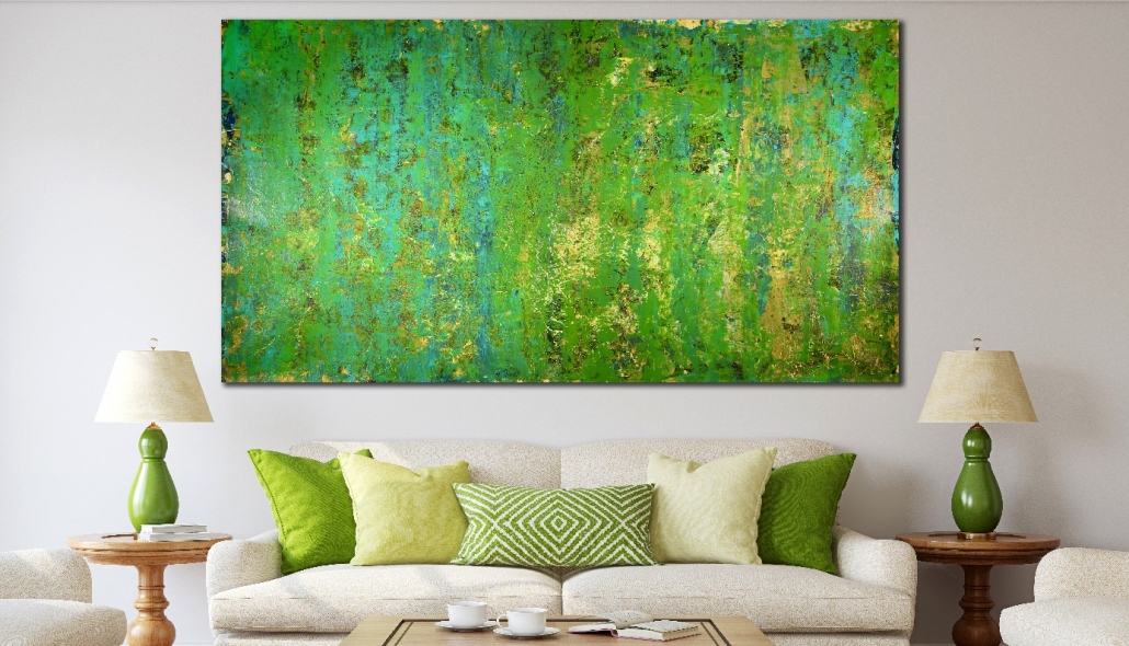 SOLD - Green Dreamscape with gold (2018) abstract art Acrylic painting by Nestor Toro