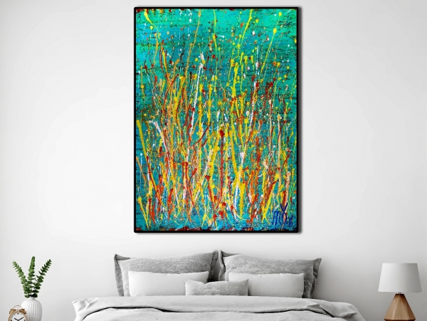 SOLD - Room View / Drizzles frenzy over aqua green (2018) Abstract Acrylic painting by Nestor Toro