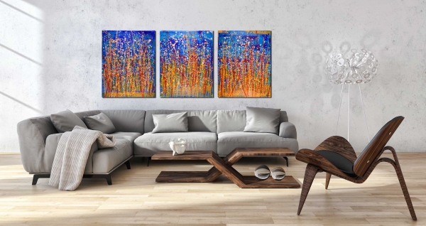 SOLD Artwork - Interrupted Panorama I - 122 x 51 cm - Triptych (2017) Abstract Acrylic painting by Nestor Toro