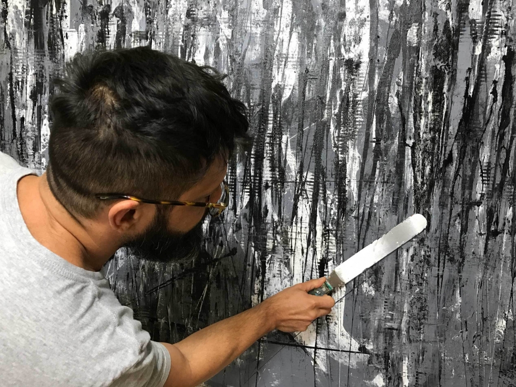 Los Angeles abstract artist working on a recently SOLD original abstract painting called "December"