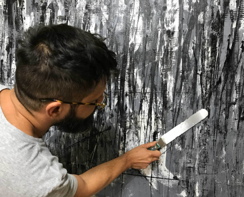 Los Angeles abstract artist working on a recently SOLD original abstract painting called "December"