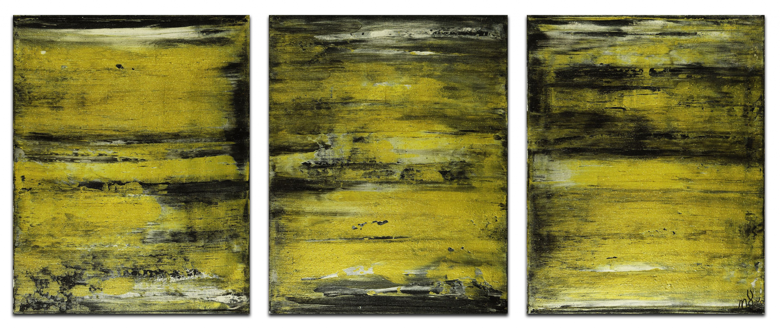 Canvases together with small space between each canvas / Golden Sand Terrain (2020) Triptych by Nestor Toro