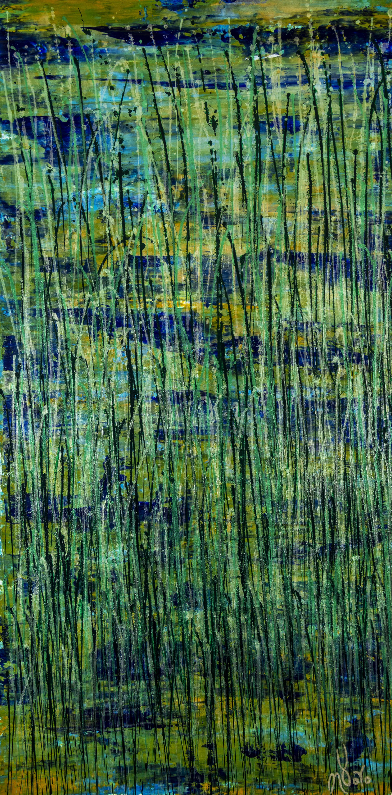 Green forest (Silver lights intrusions) (2021) 34 x 69 inches by Nestor Toro